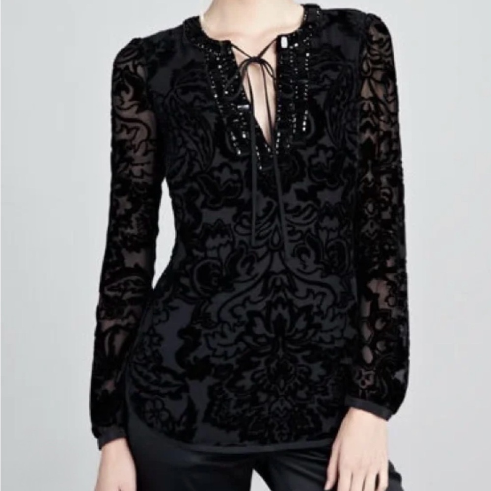 Tory Burch Burnout Velvet Tie-Neck Top